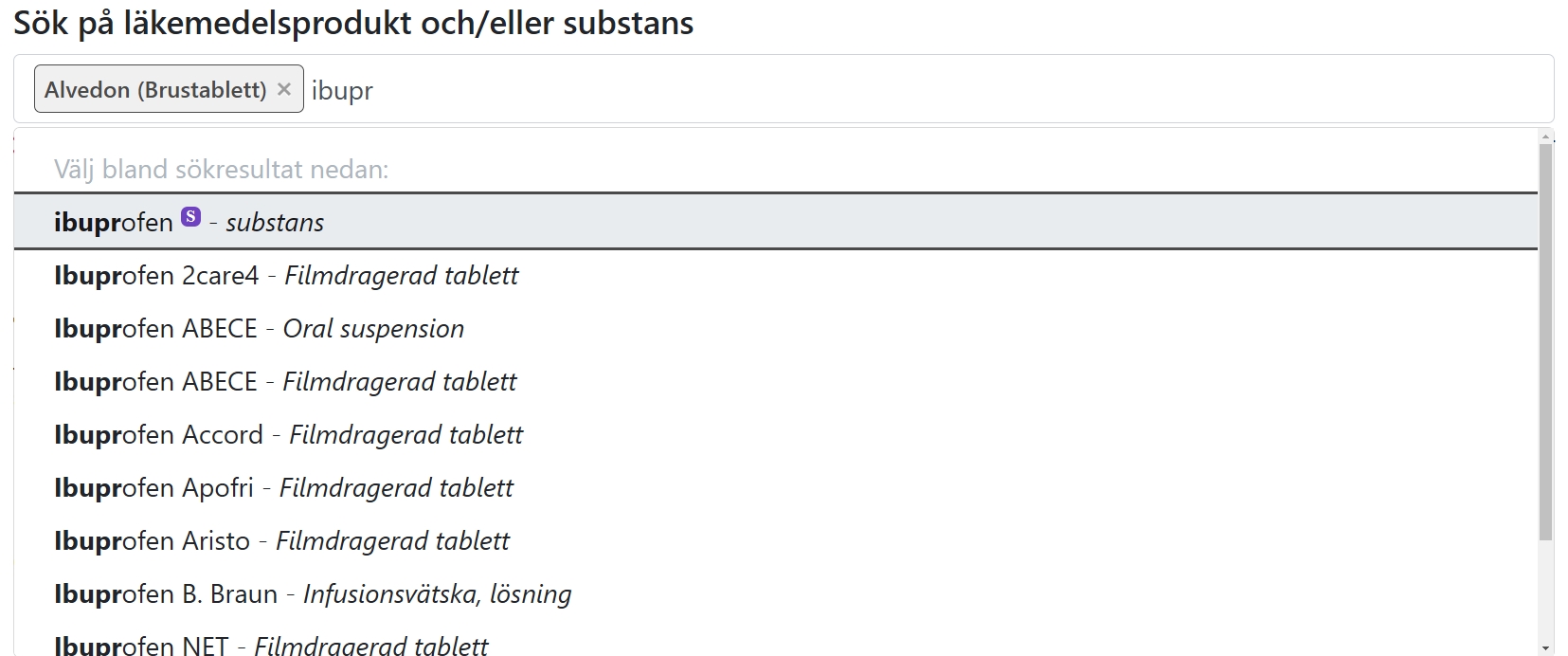 Sökning på janusmed.se, Alvedon (Brustablett) vald och sökning påbörjad på ibupr där drop-listan syns med sökträffar